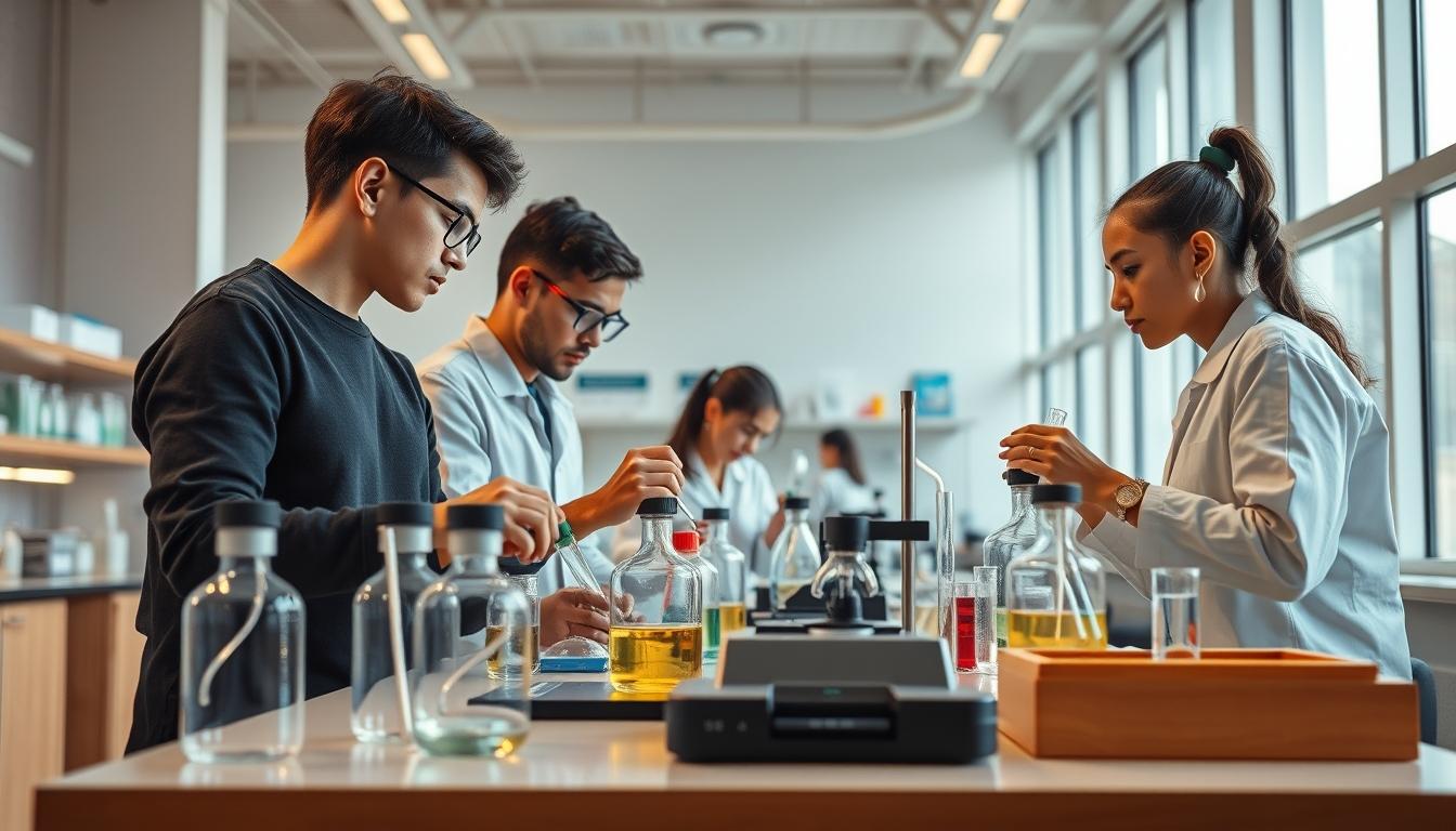 Students studying together in modern classroom